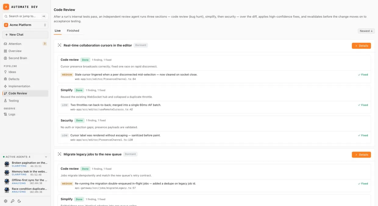 The Code Review board: code review, simplify and security sections, each finding fixed and revalidated.