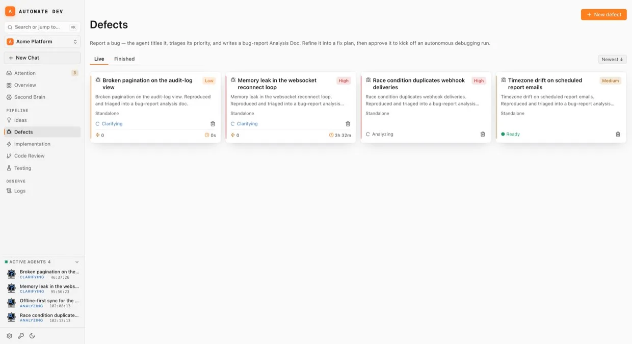 The Defects board: reported bugs are auto-titled and triaged, each kicking off an autonomous debugging run.
