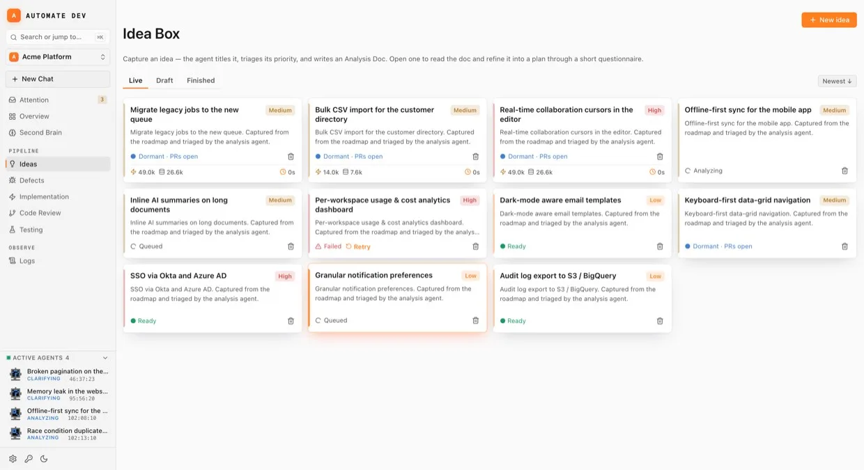 The Idea Box: captured ideas are auto-titled, triaged by priority and given an analysis doc, each showing its pipeline status.